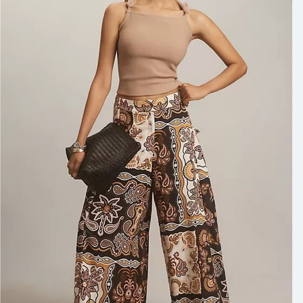 Farm Rio x Anthropologie Paisley Wide-Leg Pants in Brown and Cream‎ Size XXS